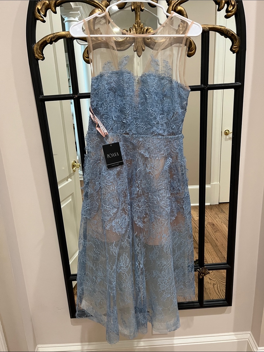 Powder Blue Lace Midi Dress by Jovani
